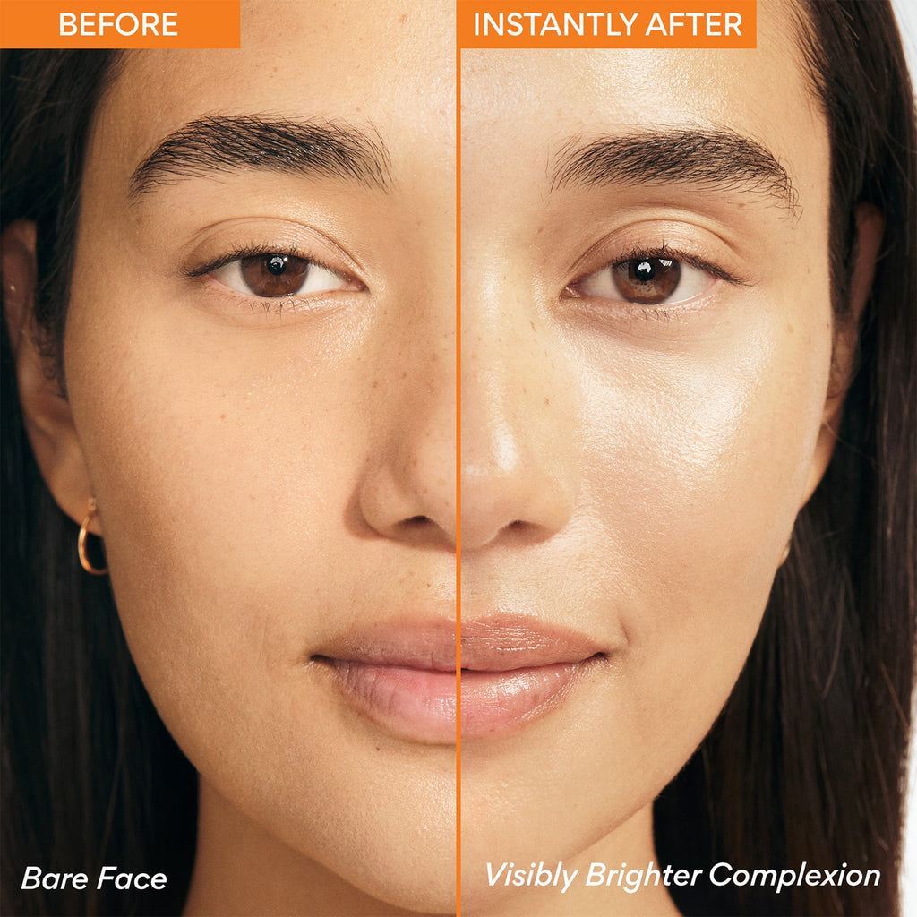 Before and after comparison of a woman's face with visibly brighter complexion