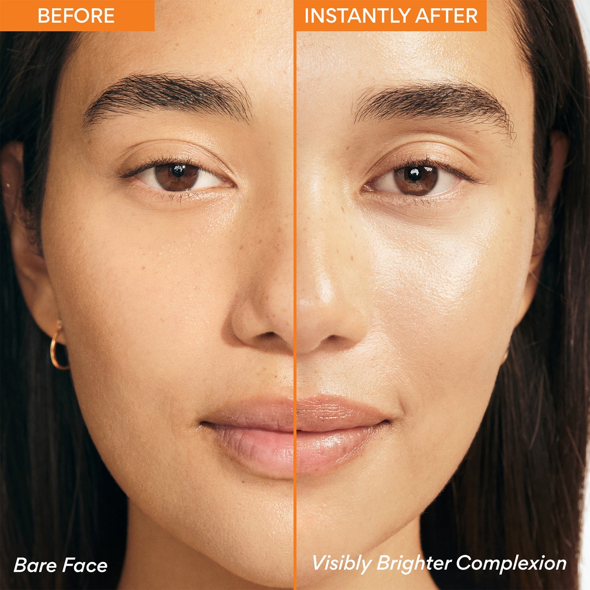 Before and after comparison of a woman's face with visibly brighter complexion