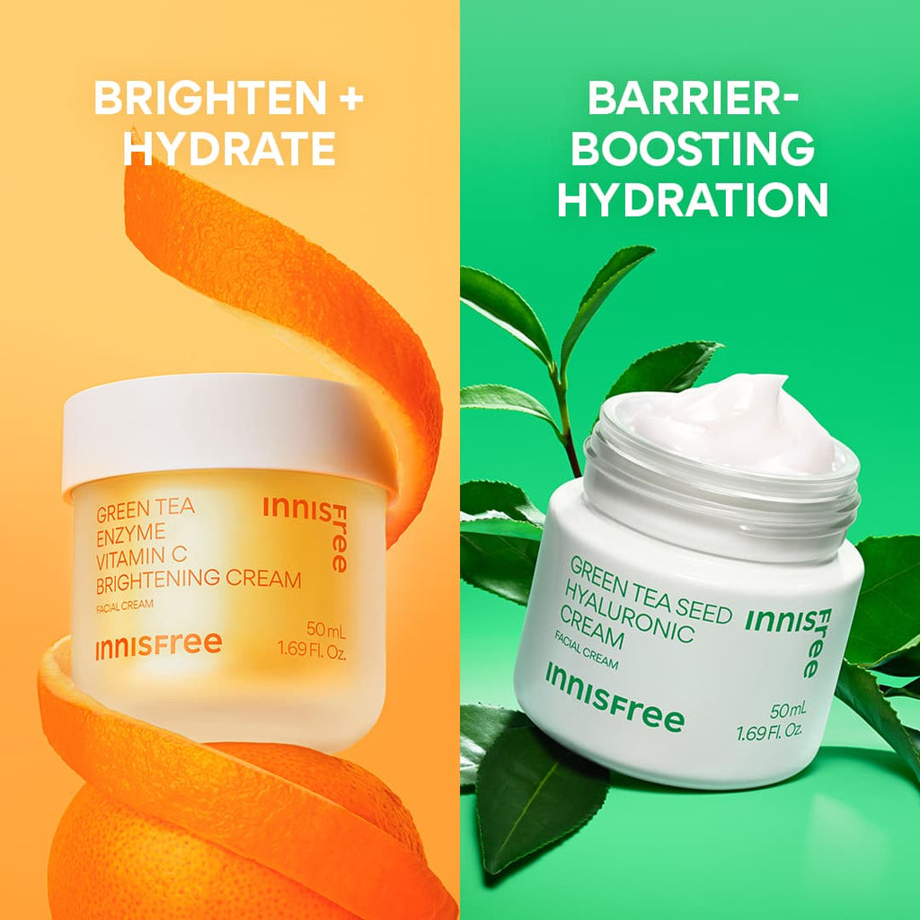 brighten and hydrate with vitamin c cream, barrier-boosting hydration with green tea cream