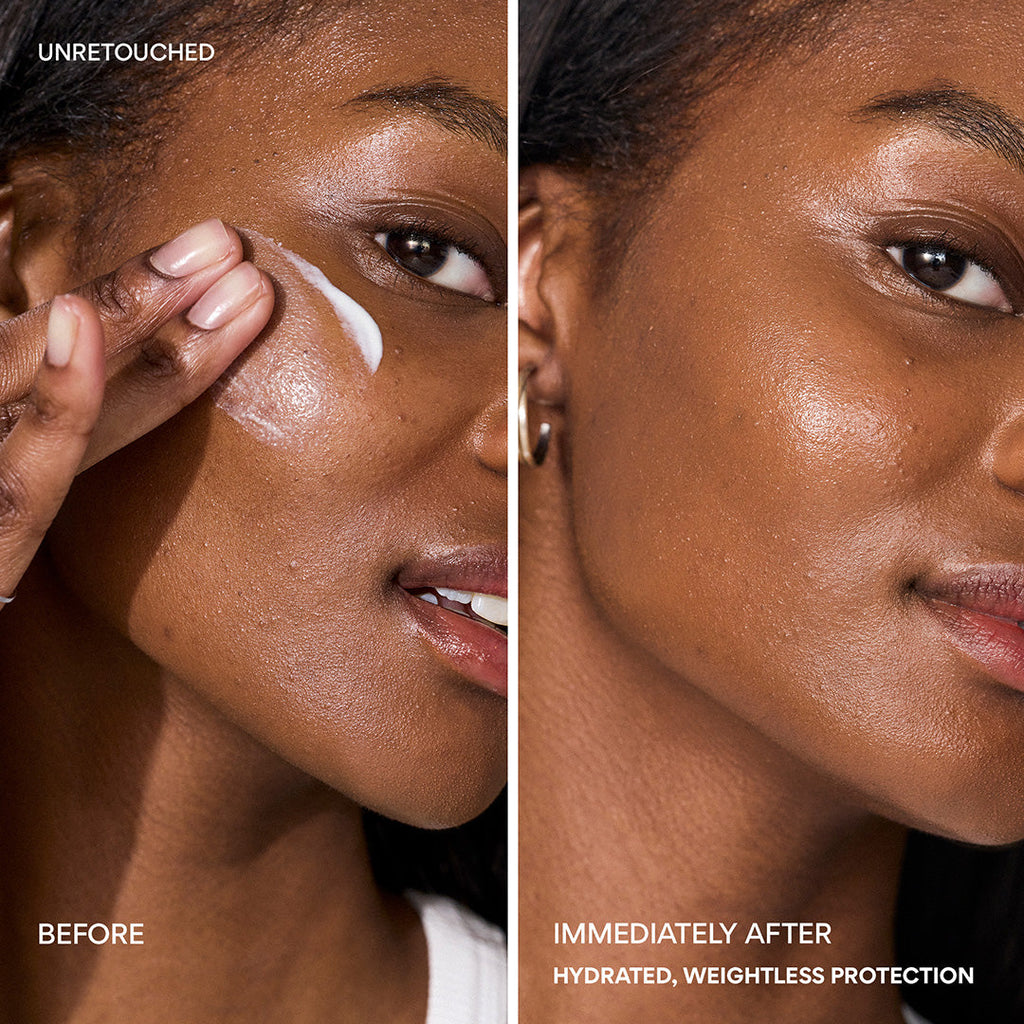 Daily UV Invisible Barrier Sunscreen Serum Broad Spectrum SPF 47 with Green Tea before and immediately after