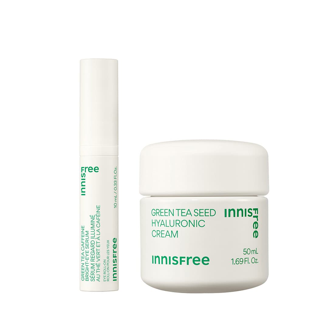 wildly hydrating duo packshot: green tea caffeine eye serum and green tea cream