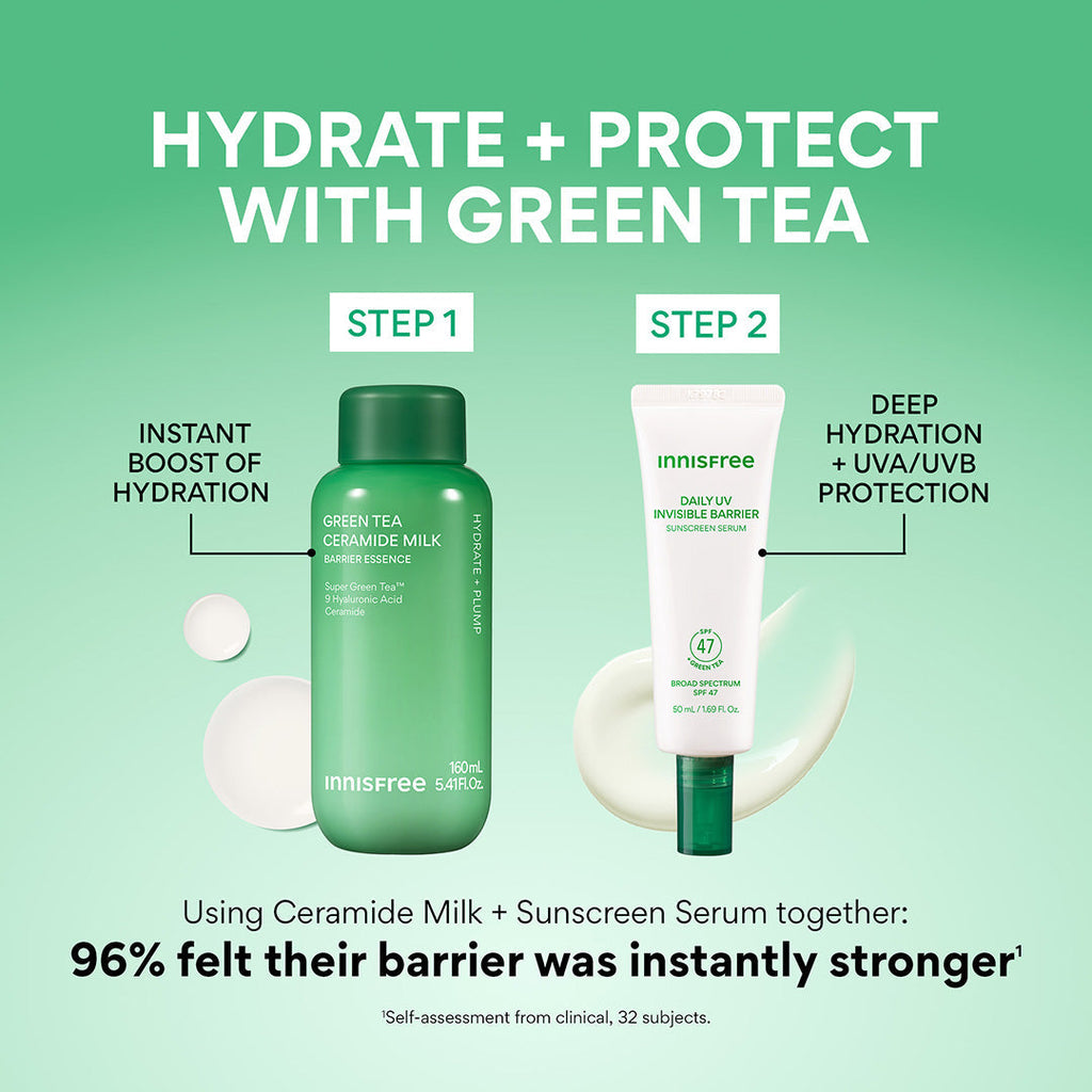 Daily UV Invisible Barrier Sunscreen Serum Broad Spectrum SPF 47 with Green Tea hydrate + protect with green tea