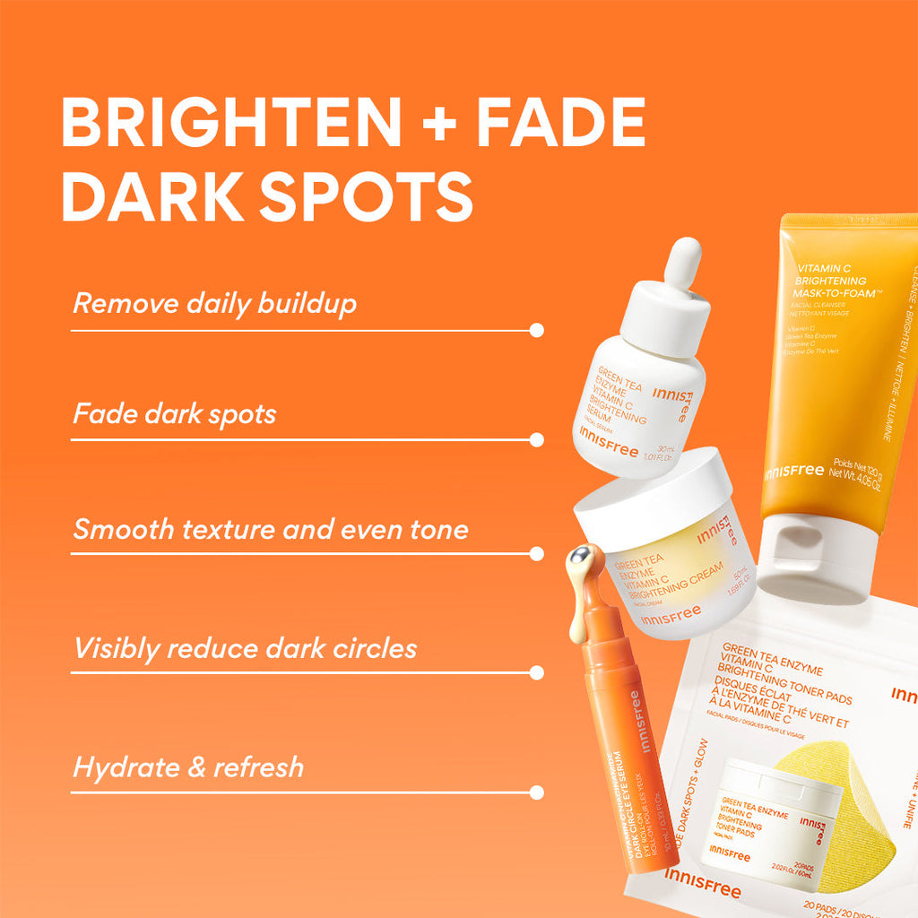 Innisfree skincare products on an orange background with text highlighting product benefits.