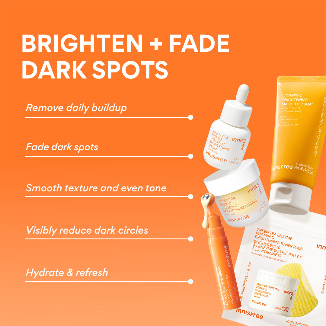 Innisfree skincare products on an orange background with text highlighting product benefits.