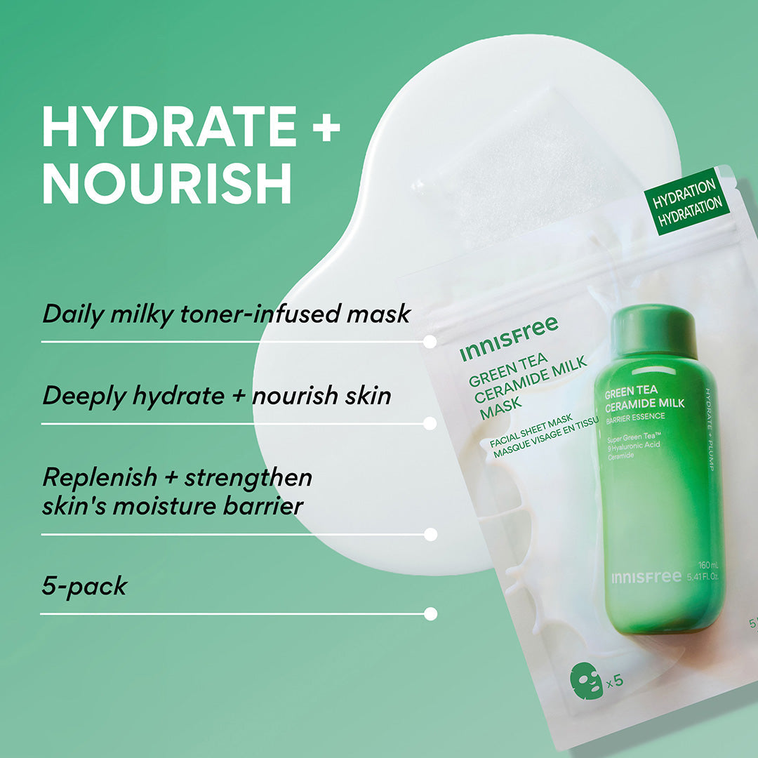 Serum-Infused Sheet Mask 5 Pack - Green Tea Ceramide Milk, benefits