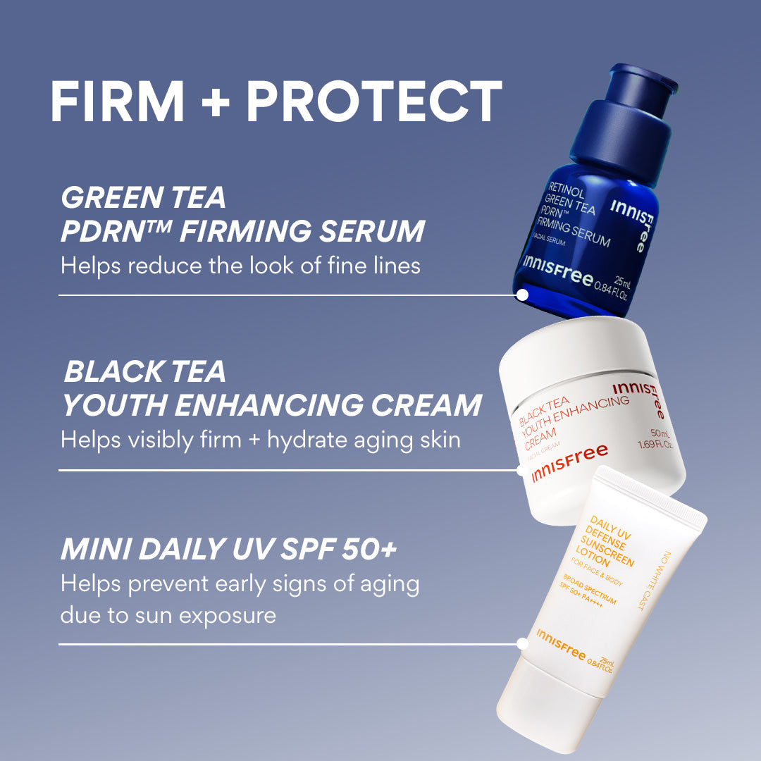 firm + protect with Green Tea PDRN™ Serum, Black Tea Cream, Daily UV Sunscreen SPF 50+