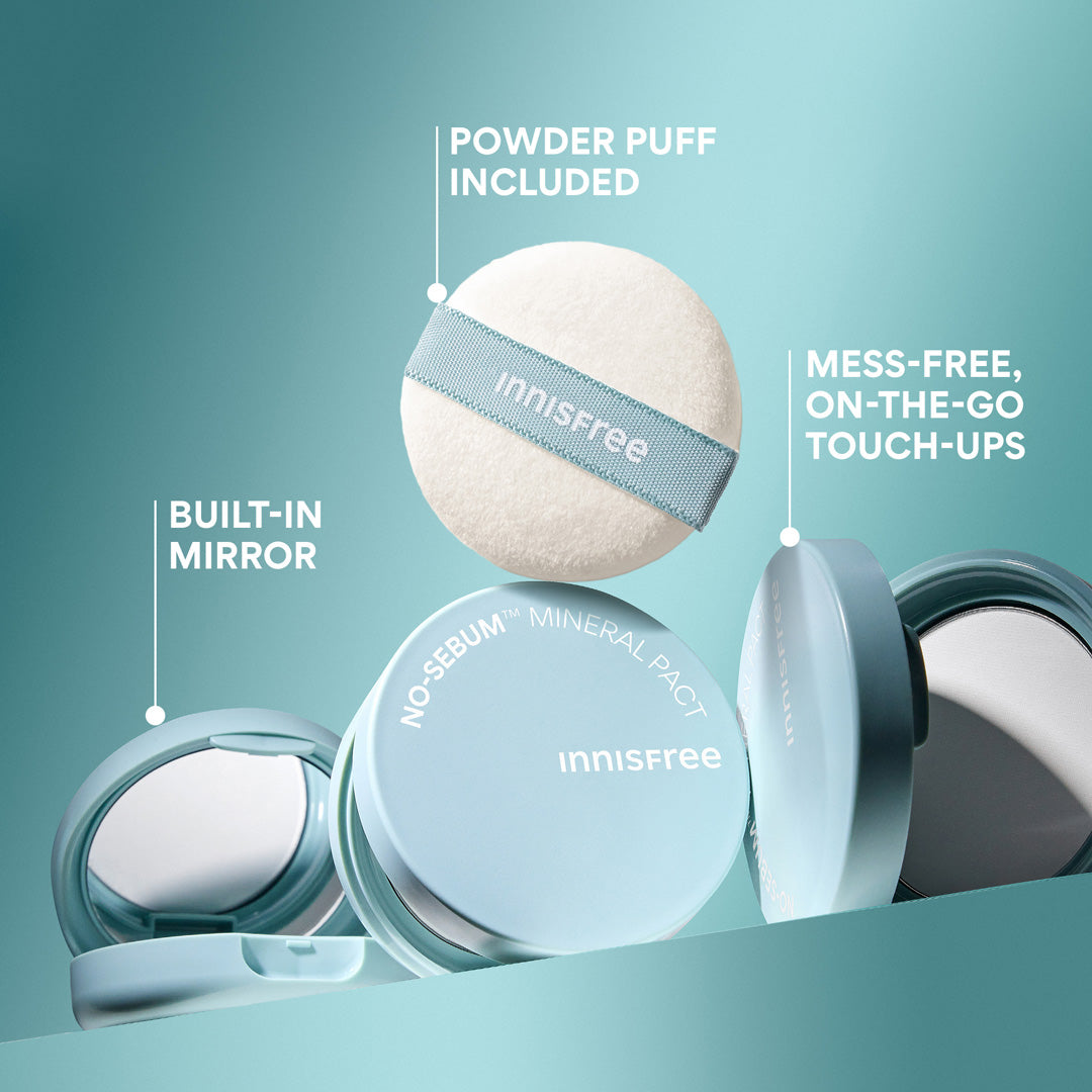 innisfree No-Sebum Mineral Pact powder puff and bult-in mirror included: COMPACT