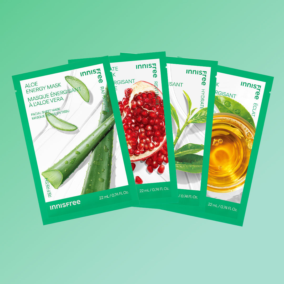Daily Sheet Mask Bundle: aloe energy sheet mask, pomegranate energy sheet mask, green tea energy sheet mask, kombucha energy sheet mask