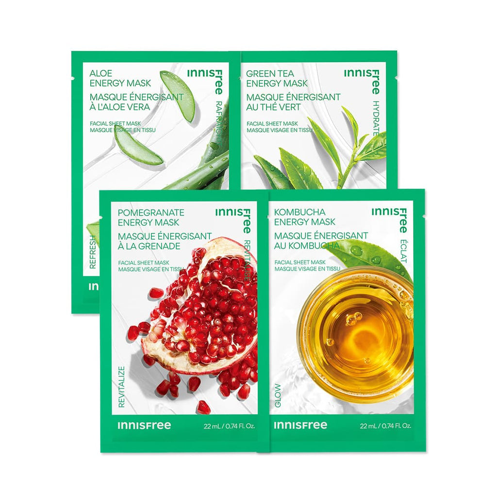 Energy Sheet Mask, Aloe Energy - Refresh, Green Tea Energy - Hydrate, Pomegranate Energy - Revitalize, Kombucha Energy - Glow