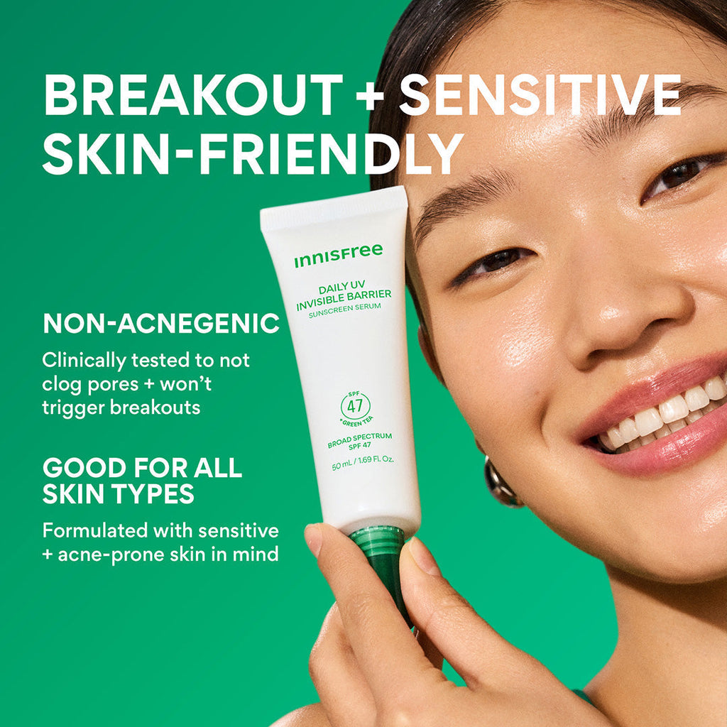 Daily UV Invisible Barrier Sunscreen Serum Broad Spectrum SPF 47 with Green Tea breakout and sensitive skin-friendly