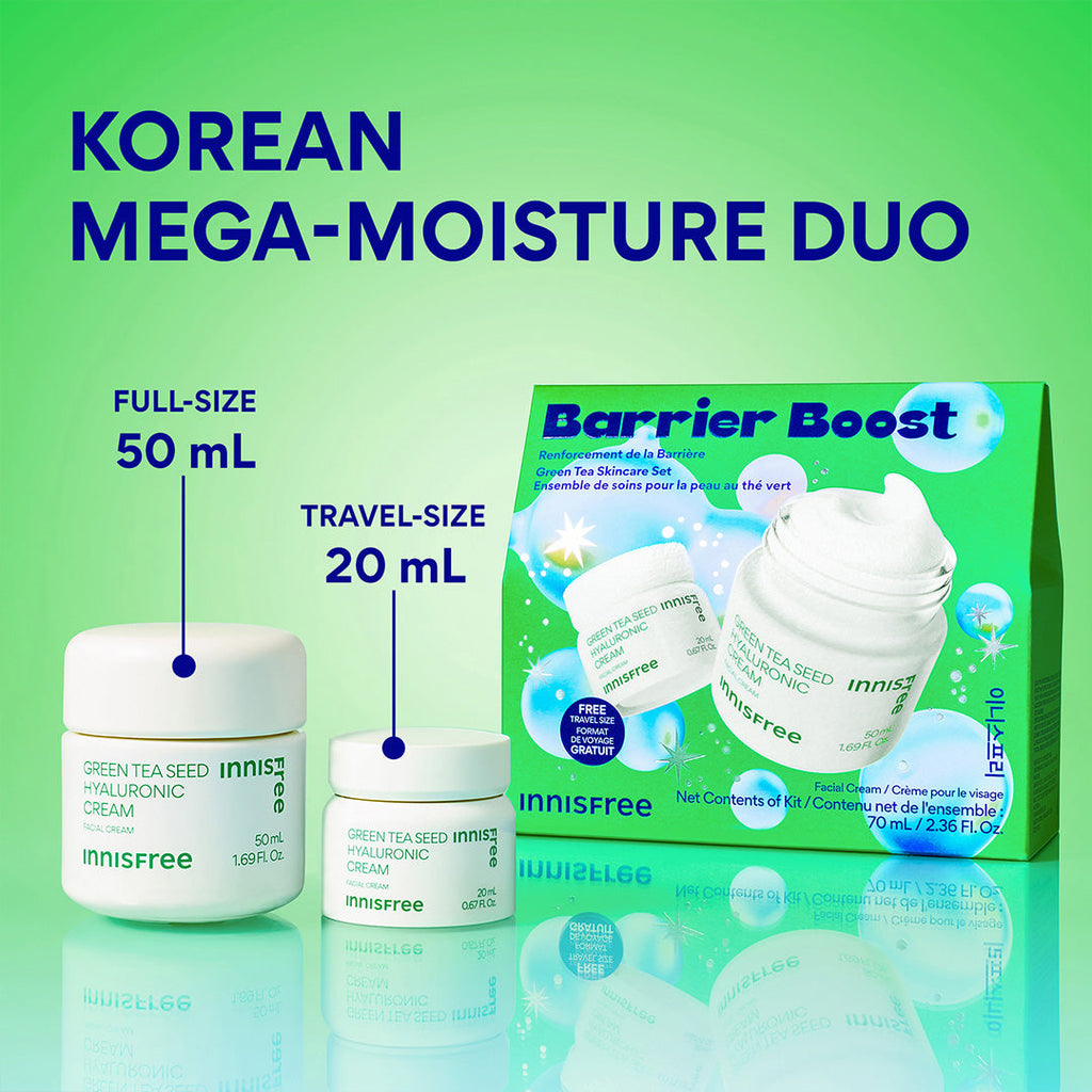 korean mega-moisture duo with full-size 50mL and travel size 20mL green tea cream: barrier boost set