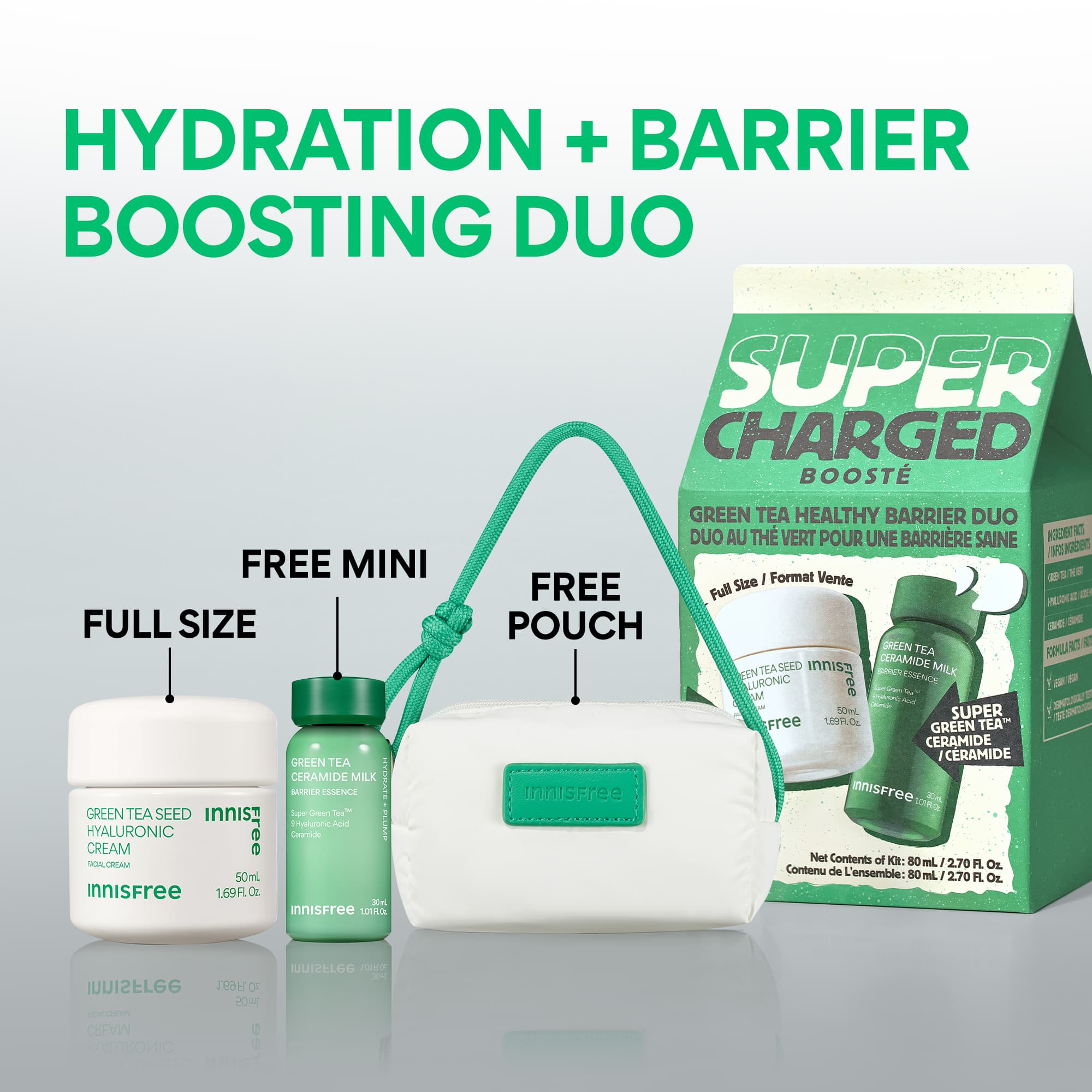 Hydration + Barrier Boosting – Supercharged Green Tea Healthy Barrier Duo comes with a free mini Green Tea Ceramide Milk and a free pouch