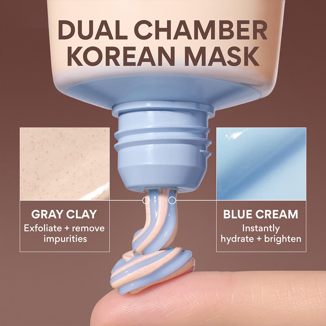 dual chamber korean mask how it works: gray clay to exfoliate and remove impurities, blue cream to instantly hydrate and brighten