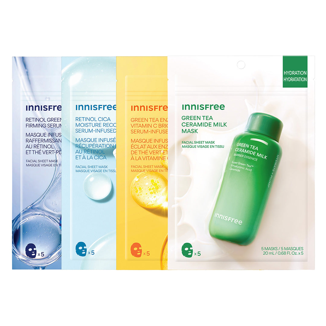 Serum-Infused Sheet Mask 5 Pack Packshot featuring Green Tea PDRN™ Firming, Retinol Cica, Vitamin C, Green Tea Ceramide MIlk