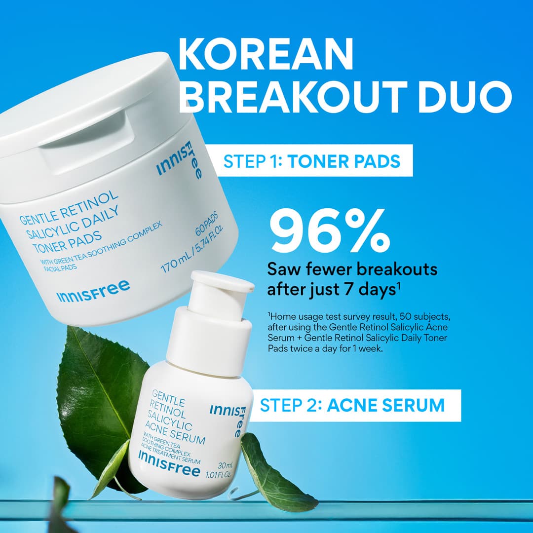 korean breakout duo: step 1 daily gentle retinol toner pads, step 2: gentle retinol acne serum