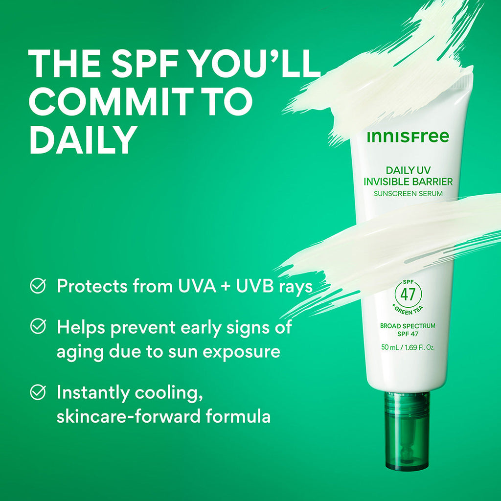 Daily UV Invisible Barrier Sunscreen Serum Broad Spectrum SPF 47 with Green Tea The SPF you'll commit to daily