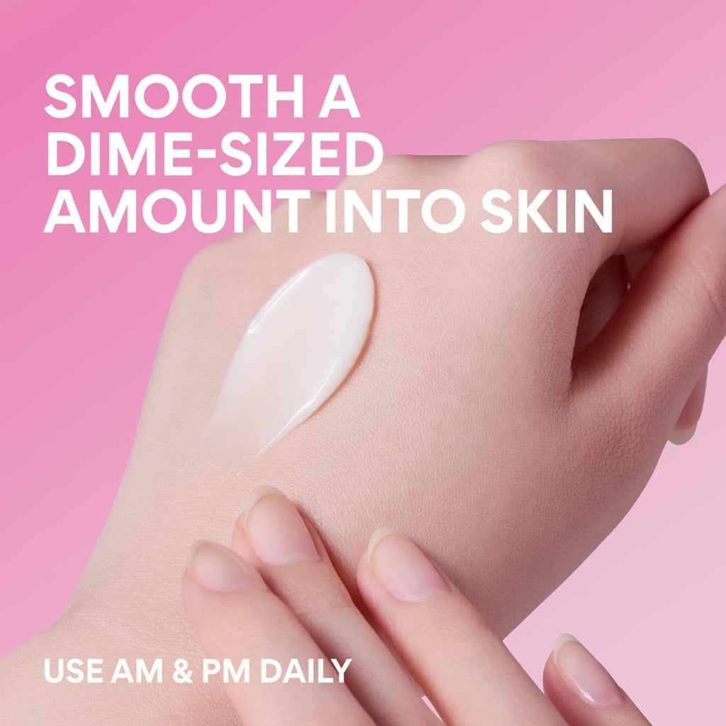 smooth a dime-sized amount into skin, use am and pm daily