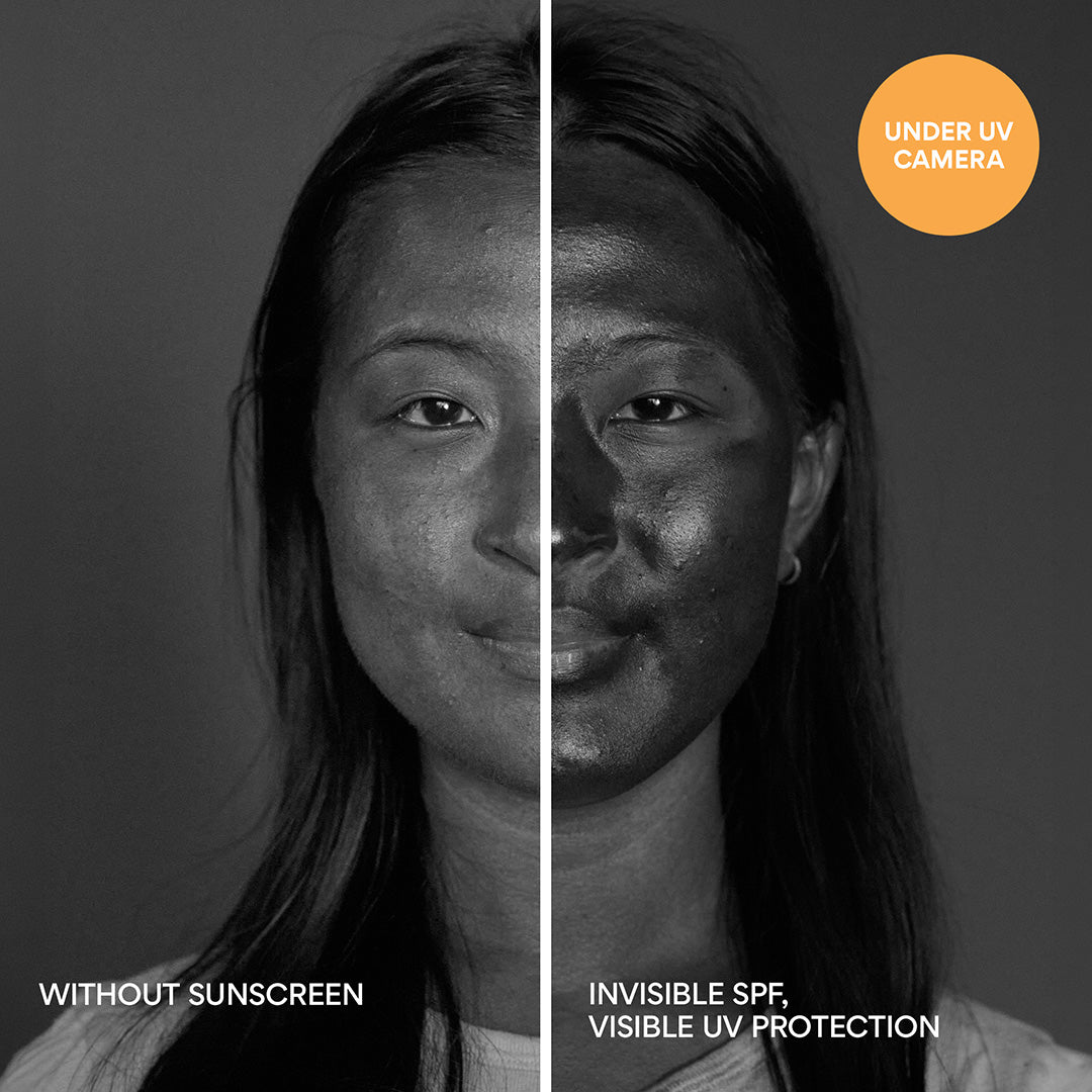 Daily UV Invisible Barrier Sunscreen Serum Broad Spectrum SPF 47 with Green Tea under uv camera model shot