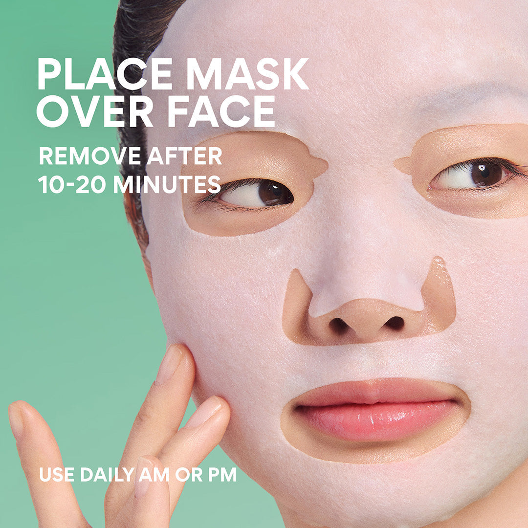 Serum-Infused Sheet Mask 5 Pack - Green Tea Ceramide Milk, application: place mask over face and remove after 10-20 minutes, model wearing a sheet mask