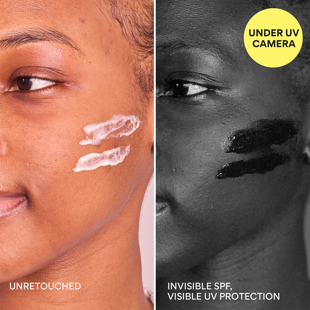 Daily UV Invisible Barrier Sunscreen Serum Broad Spectrum SPF 47 with Green Tea under UV camera