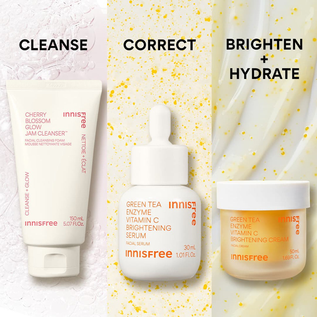 cleanse with cherry blossom cleanser, correct with vitamin c serum, brighten and hydrate with vitamin c cream