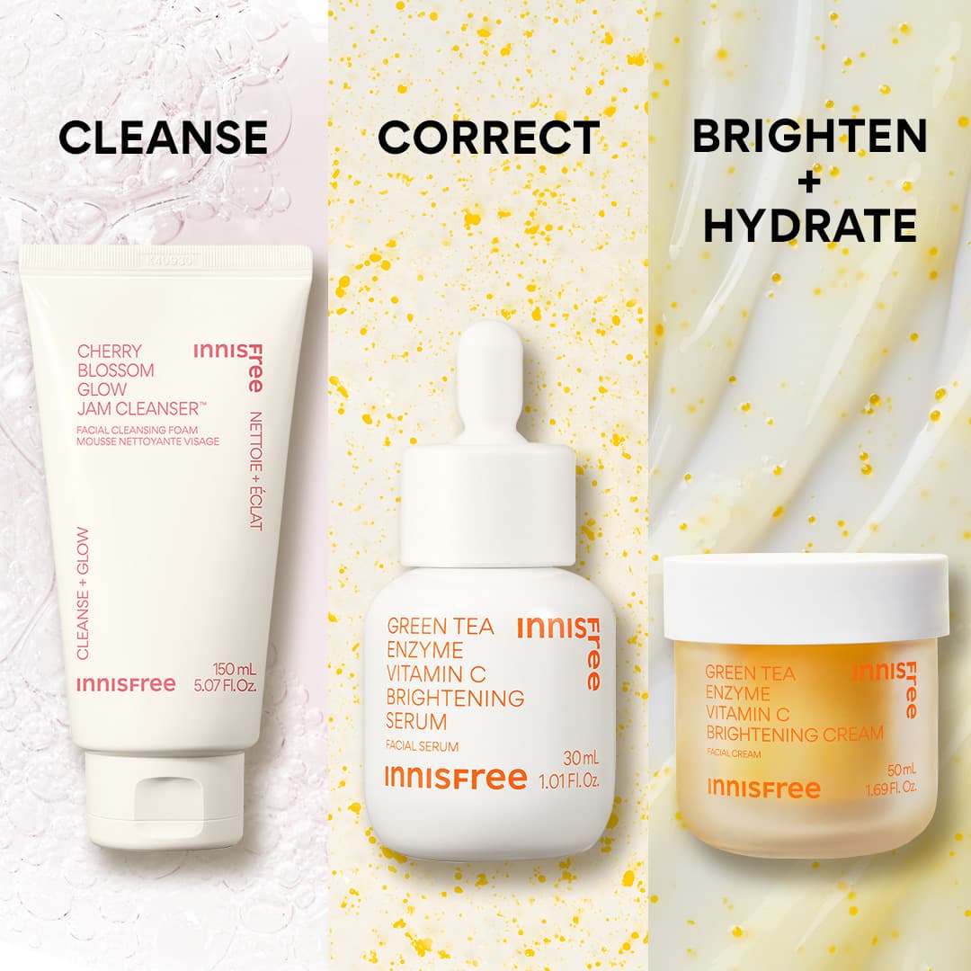 cleanse with cherry blossom cleanser, correct with vitamin c serum, brighten and hydrate with vitamin c cream